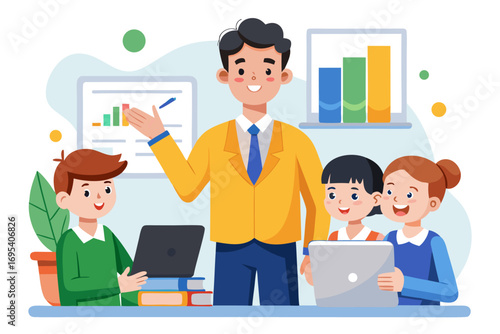 Flat vector icon of a business trainer giving a financial presentation with a dollar sign on a board in front of an audience. Perfect for illustrating concepts such as business training, investment ed