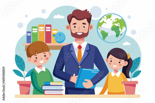 Flat vector icon of a business trainer giving a financial presentation with a dollar sign on a board in front of an audience. Perfect for illustrating concepts such as business training, investment ed