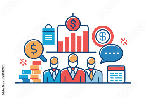 Flat vector icon of a business trainer giving a financial presentation with a dollar sign on a board in front of an audience. Perfect for illustrating concepts such as business training, investment ed