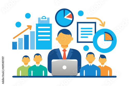 Flat vector icon of a business trainer giving a financial presentation with a dollar sign on a board in front of an audience. Perfect for illustrating concepts such as business training, investment ed