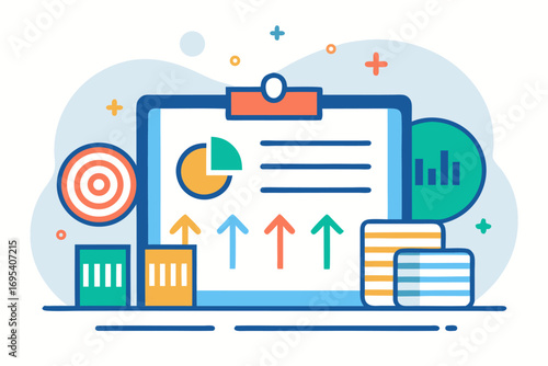 Flat vector icon of a business trainer giving a financial presentation with a dollar sign on a board in front of an audience. Perfect for illustrating concepts such as business training, investment ed