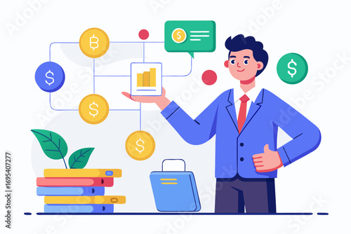 Flat vector icon of a business trainer giving a financial presentation with a dollar sign on a board in front of an audience. Perfect for illustrating concepts such as business training, investment ed