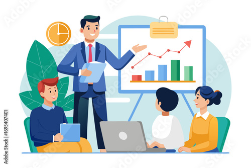 Flat vector icon of a business trainer giving a financial presentation with a dollar sign on a board in front of an audience. Perfect for illustrating concepts such as business training, investment ed