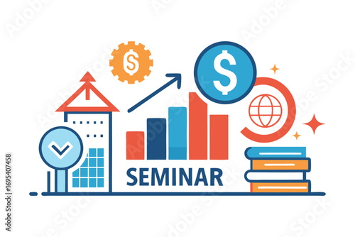 Flat vector icon of a business trainer giving a financial presentation with a dollar sign on a board in front of an audience. Perfect for illustrating concepts such as business training, investment ed