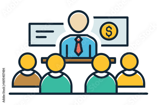 Flat vector icon of a business trainer giving a financial presentation with a dollar sign on a board in front of an audience. Perfect for illustrating concepts such as business training, investment ed