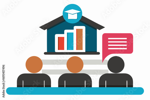 Flat vector icon of a business trainer giving a financial presentation with a dollar sign on a board in front of an audience. Perfect for illustrating concepts such as business training, investment ed