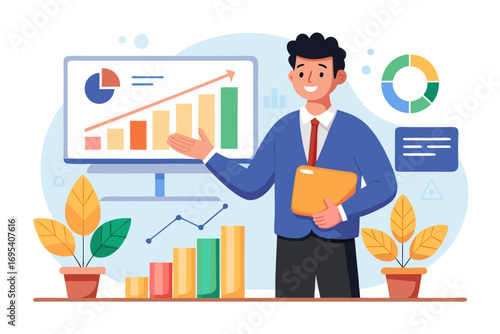Flat vector icon of a business trainer giving a financial presentation with a dollar sign on a board in front of an audience. Perfect for illustrating concepts such as business training, investment ed