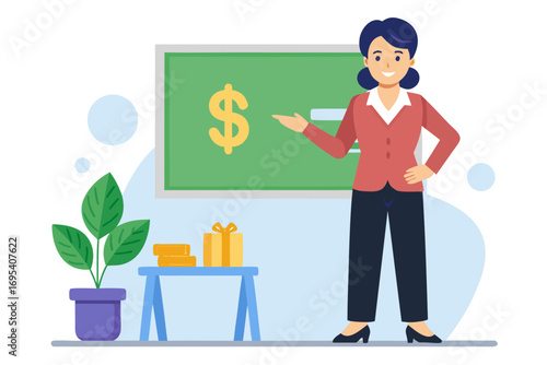 Flat vector icon of a business trainer giving a financial presentation with a dollar sign on a board in front of an audience. Perfect for illustrating concepts such as business training, investment ed