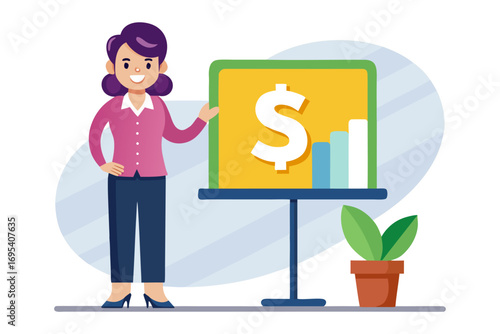 Flat vector icon of a business trainer giving a financial presentation with a dollar sign on a board in front of an audience. Perfect for illustrating concepts such as business training, investment ed