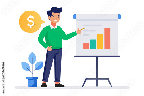 Flat vector icon of a business trainer giving a financial presentation with a dollar sign on a board in front of an audience. Perfect for illustrating concepts such as business training, investment ed
