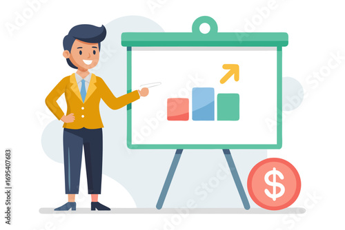 Flat vector icon of a business trainer giving a financial presentation with a dollar sign on a board in front of an audience. Perfect for illustrating concepts such as business training, investment ed