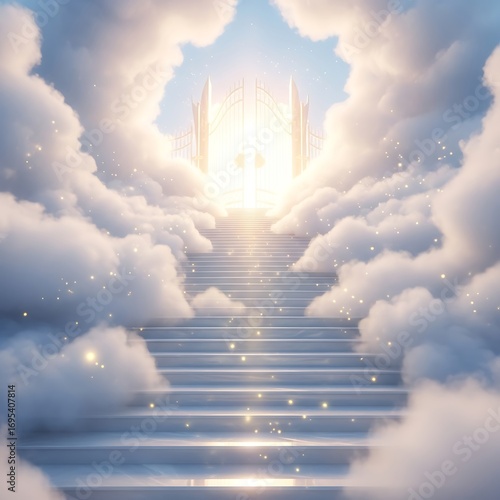 A serene vista of pearly white steps leading to a grand golden gate, nestled amidst soft, ethereal clouds, bathed in radiant sunlight.