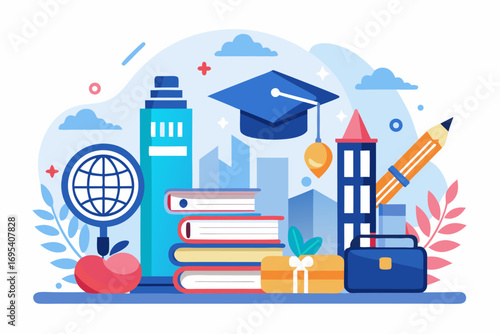 Flat vector icon of a business trainer giving a financial presentation with a dollar sign on a board in front of an audience. Perfect for illustrating concepts such as business training, investment ed