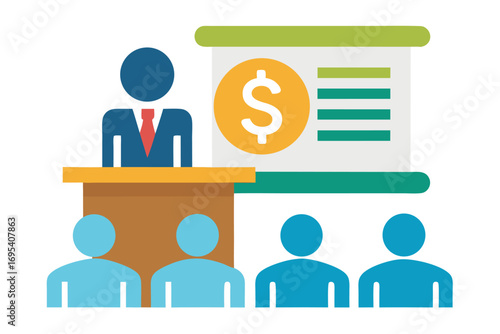 Flat vector icon of a business trainer giving a financial presentation with a dollar sign on a board in front of an audience. Perfect for illustrating concepts such as business training, investment ed