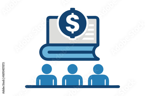 Flat vector icon of a business trainer giving a financial presentation with a dollar sign on a board in front of an audience. Perfect for illustrating concepts such as business training, investment ed