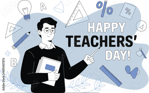 Smiling teacher celebrating happy teachers' day with educational symbols in a light blue background