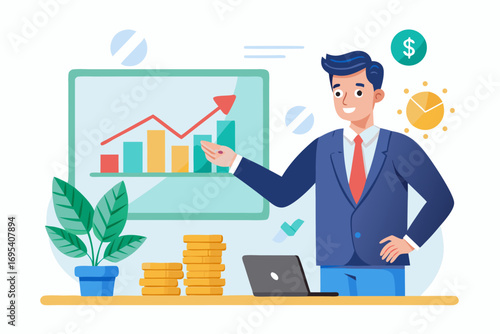 Flat vector icon of a business trainer giving a financial presentation with a dollar sign on a board in front of an audience. Perfect for illustrating concepts such as business training, investment ed