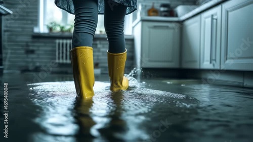 Flooded kitchen with woman in yellow boots walking through water damage situation