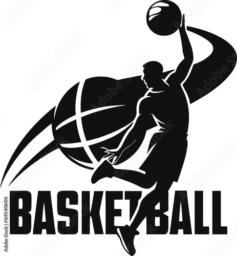 Silhouette of a basketball player performing a dunk isolated on white background isolated on transparent background