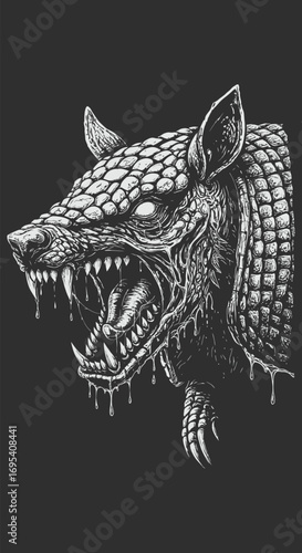 Ferocious Armadillo Illustration with Dripping Saliva and Sharp Teeth.
