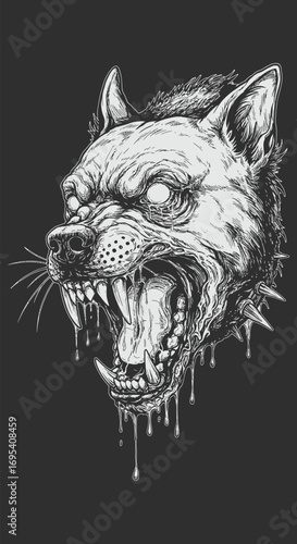 Ferocious Dogs Head with Spiked Collar Dripping Saliva and Intense Stare.