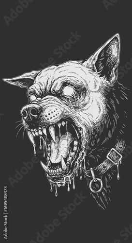 Ferocious canine with bared fangs menacing gaze and dripping saliva.