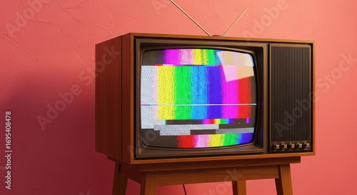 Vintage Television Displaying Test Pattern Against Pink Wall, Re