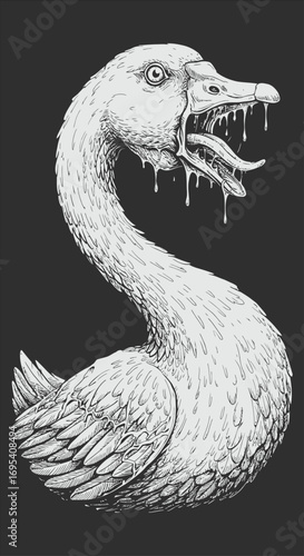 Grotesque Goose Illustration with Dripping Mucus and Open Beak.