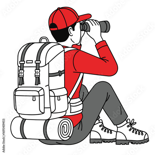 vector illustration Adventurer exploring nature with binoculars outdoors