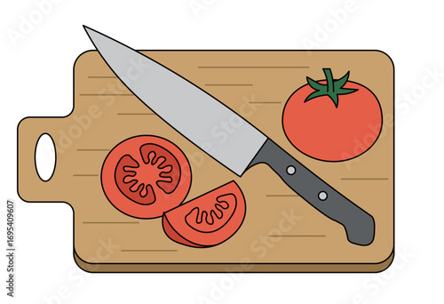 Tomato and kitchen knife on wooden cutting board for cooking preparation and fresh vegetable slicing concept illustration