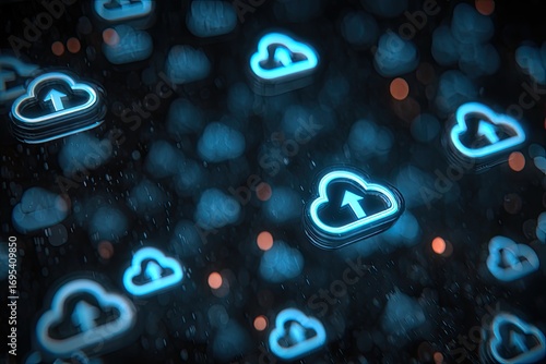 Cloud icons upload, dark, futuristic
