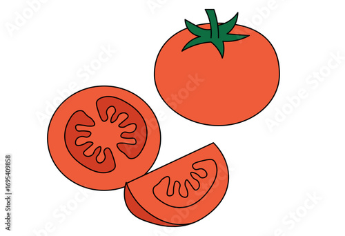 Whole and sliced tomato fresh vegetable illustration for cooking, salad preparation, and healthy food concept design