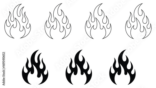 Fire flame icon set in outline and solid black style design
