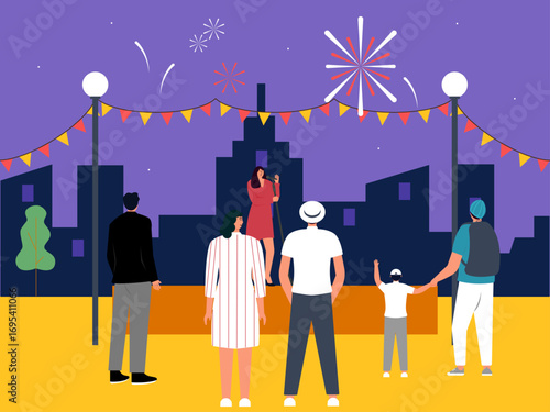 Female singer holding a mini concert in the city park. Concert illustration. Flat vector illustration concept.