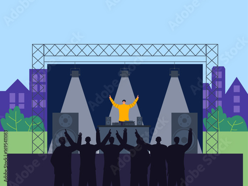 DJ concert in city square full of enthusiasm. Concert illustration. Flat vector illustration concept.