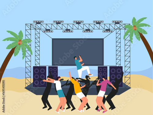 Soloist concert held on the beach. Concert illustration. Flat vector illustration concept.