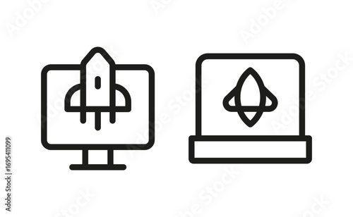 Startup Rocket on Computer and Laptop Screens,Rocket Launch on Laptop and Desktop