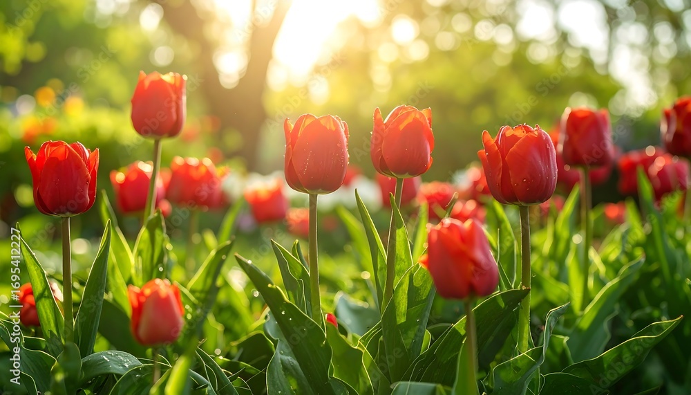 Fototapeta premium Vibrant red tulips in a garden bathed in sunlight