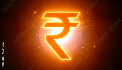 Glowing rupee symbol with tech circle background for finance themes