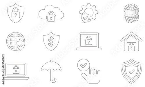 Security icons set with lock shield fingerprint and data protection outline design
