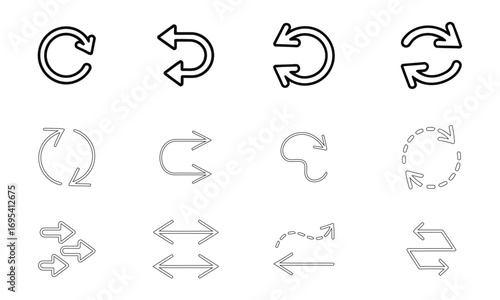 Arrow icons set with direction refresh rotation and navigation outline design
