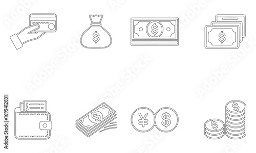 Money and finance icons set with wallet credit card cash coins and currency outline
