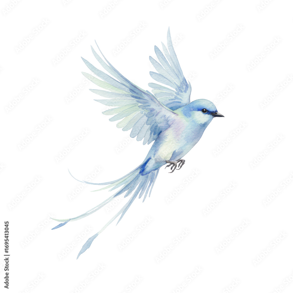 Fototapeta premium Blue bird in flight with long tail feathers isolated PNG with Transparent Background