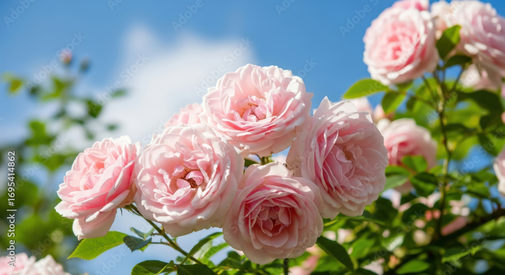 Delicate Pink Roses Blooming Under a Bright Blue Sky. Delicate Pink Roses Blooming Under a Bright Blue Sky.