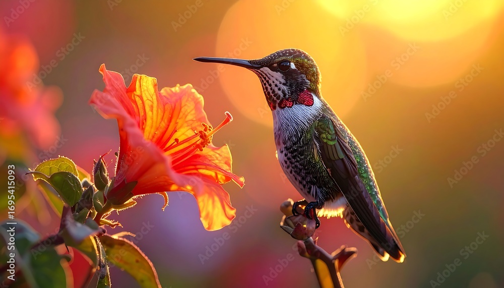 Fototapeta premium Hummingbird on a vibrant flower at sunset