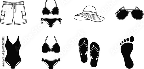 Black silhouettes of beachwear and summer accessories, vector icon set featuring bikini, swim trunks, sunglasses, hat, and flip-flops
