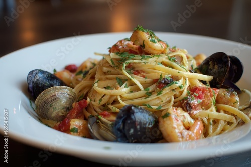 Gourmet Seafood Linguine with Shrimp, Mussels, and Clams in a White Bowl