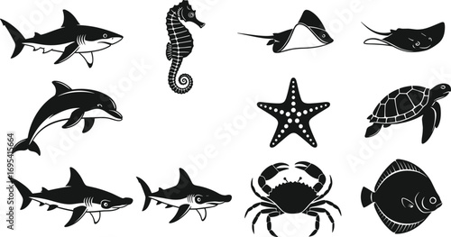 Black silhouettes of diverse marine animals, vector icon set featuring shark, dolphin, turtle, crab, seahorse, and ocean wildlife