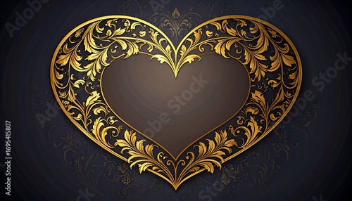 Golden heart with baroque ornaments on a dark backdrop of deep shadows