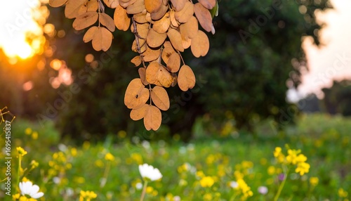 Golden hour illuminates wildflowers under autumn leaves, creating a serene landscape